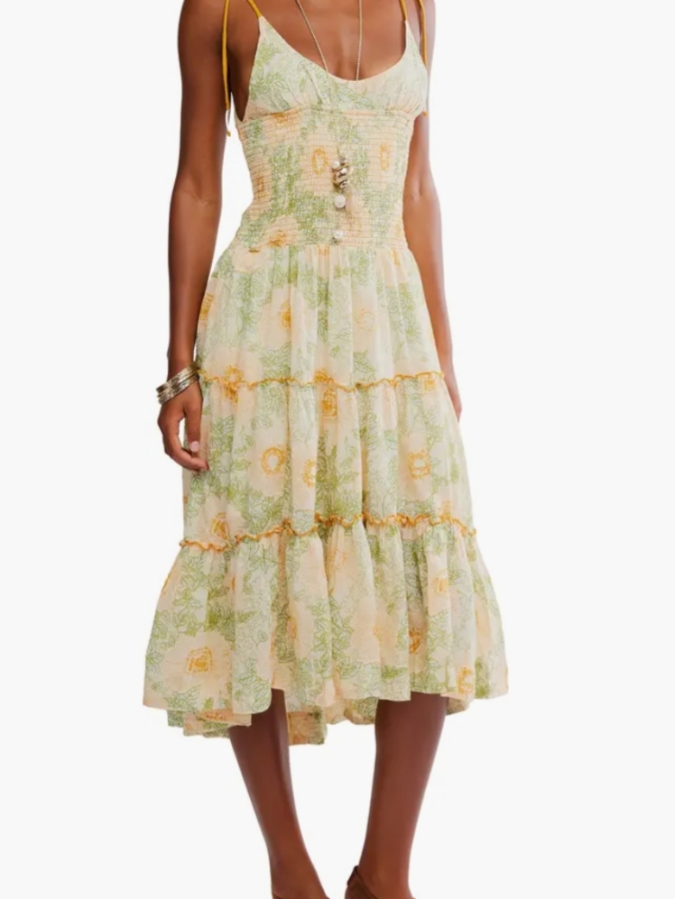 Free People Adriel Tie Strap Tiered Midi Dress - Size Medium